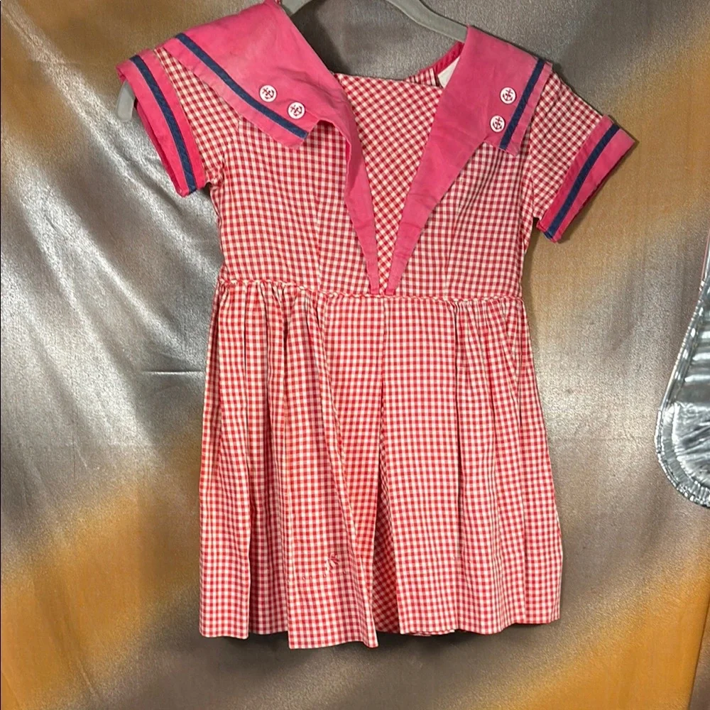 Vintage 50’s sailor Pink and Red Checkered Kids Dress. H1 4t(?)